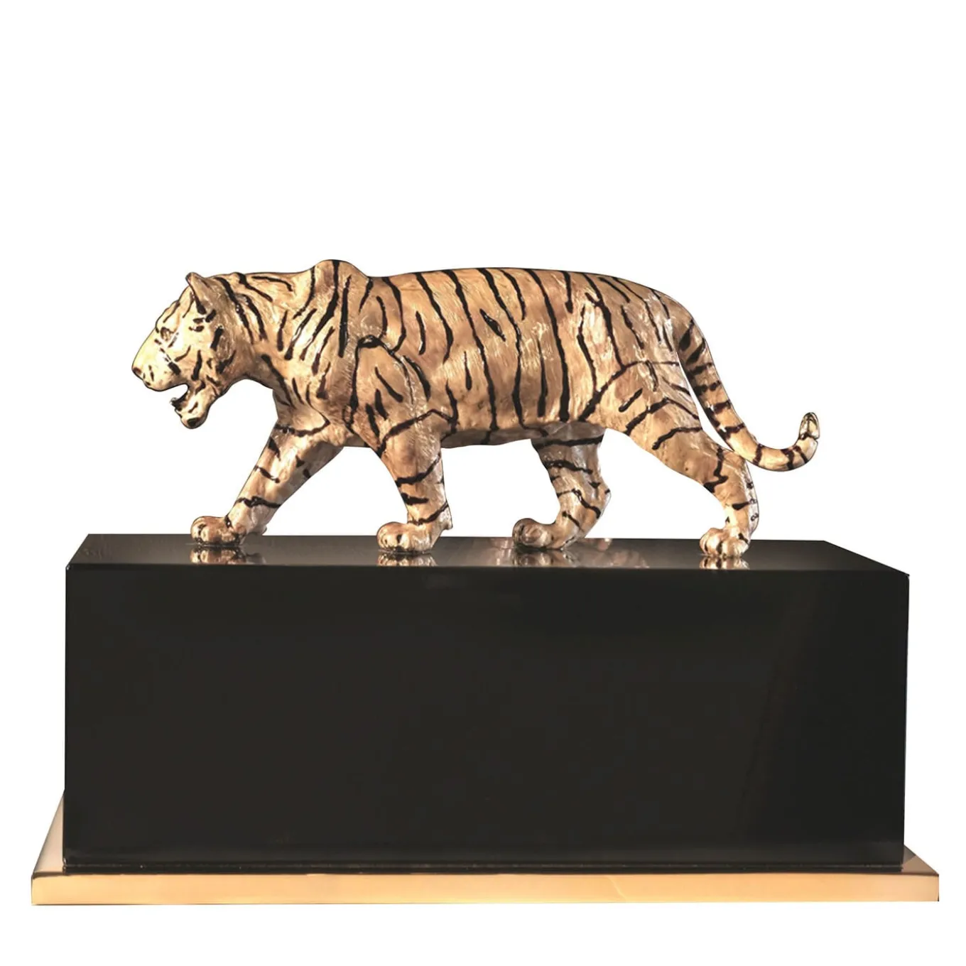 Tiger Brass With Black Lacquer Base Figurine