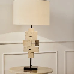 Tiles Table Lamp in Travertine and Bronze