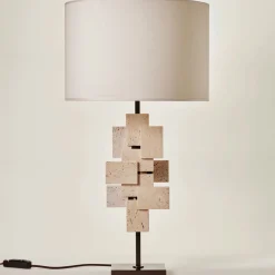 Tiles Table Lamp in Travertine and Bronze