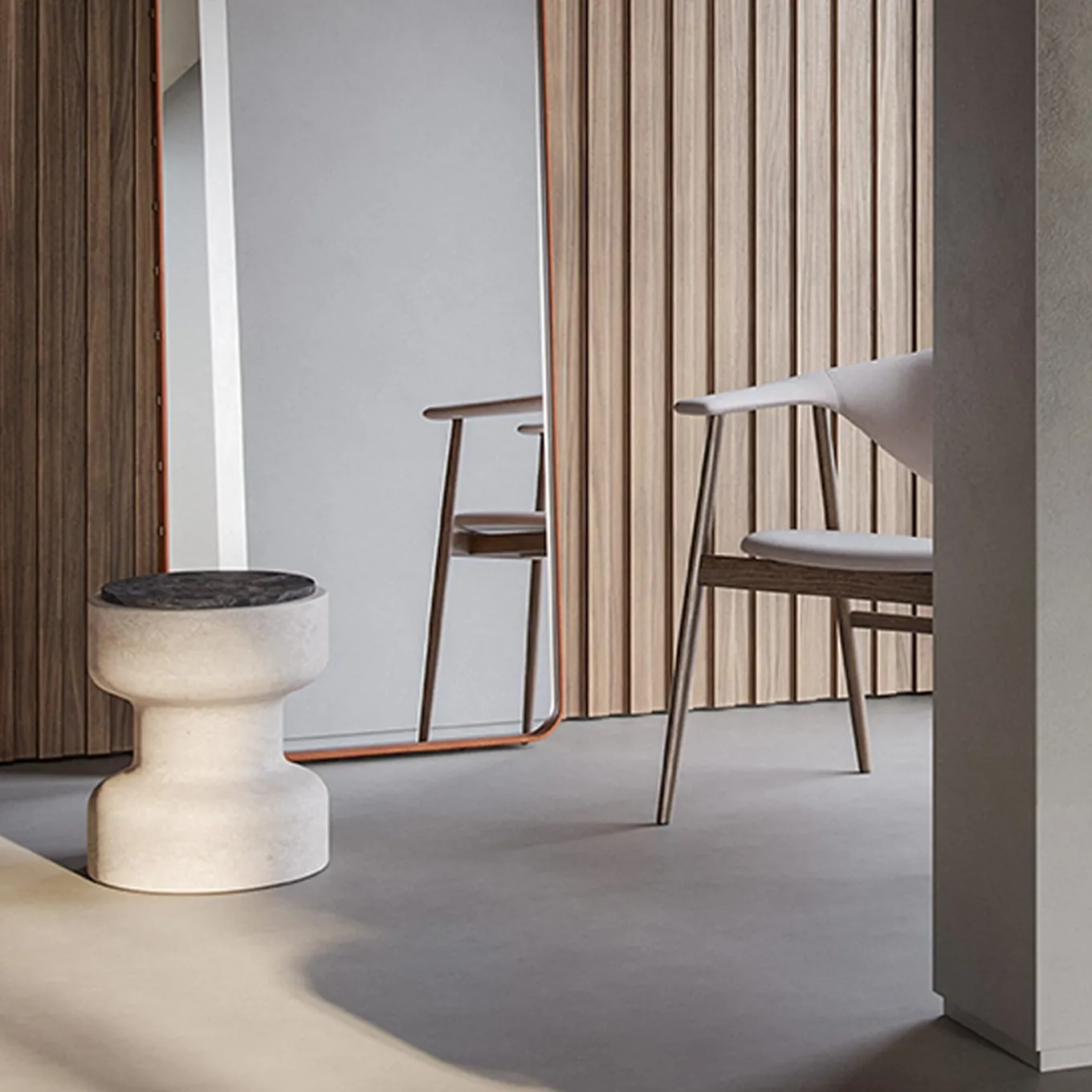 Tivoli Stool in travertine and marble by Ivan Colominas