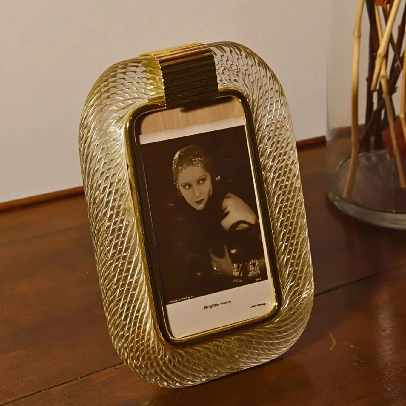 Transparent and Gold Twisted Glass with Glossy Brass Structure Frame