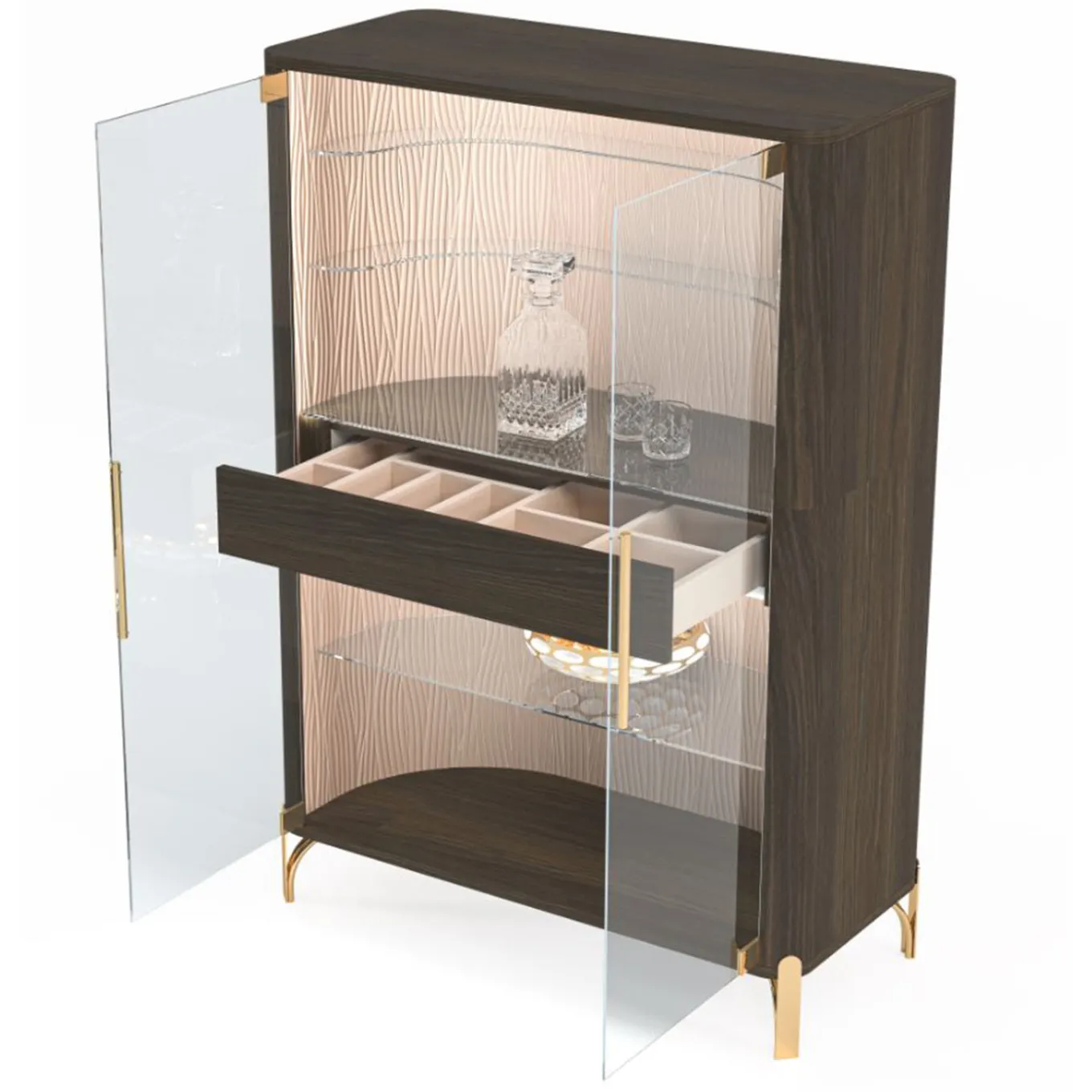 Two-Door Brown Bar Cabinet with LED Light