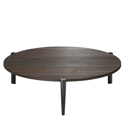 Up-down round veneered brown wood coffee table
