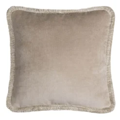 Velvet Beige Happy Pillow With Beige Fringes