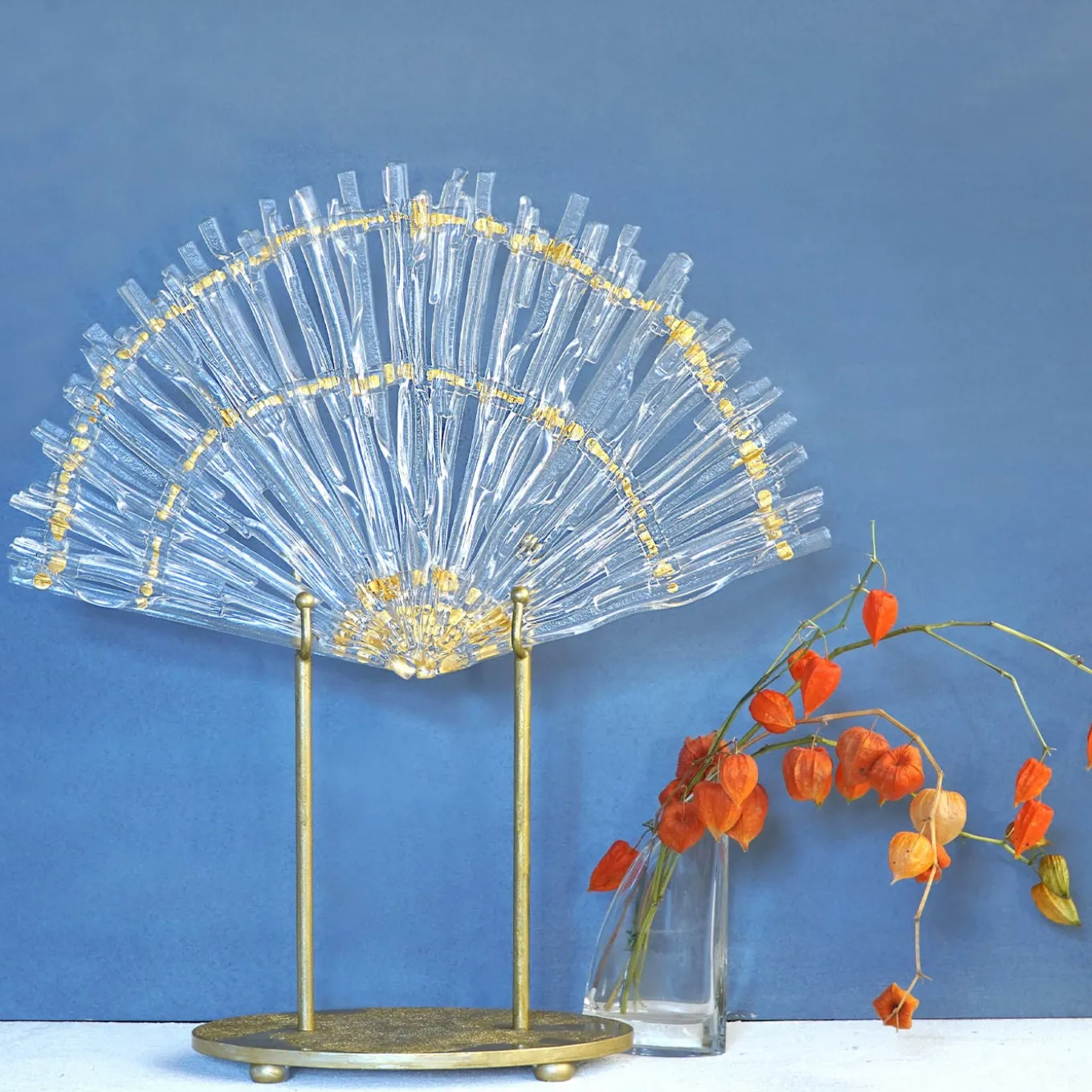 Ventaglio di Luce gold and transparent glass fan shape sculpture