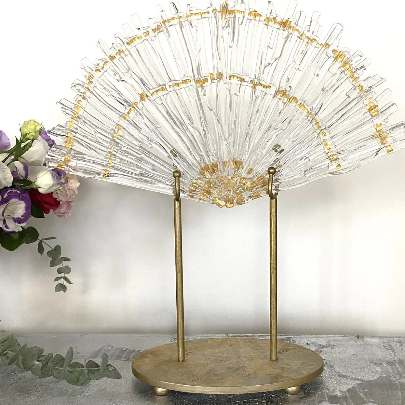 Ventaglio di Luce gold and transparent glass fan shape sculpture