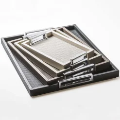 Victor Beige Leather Tray with Chrome Handles