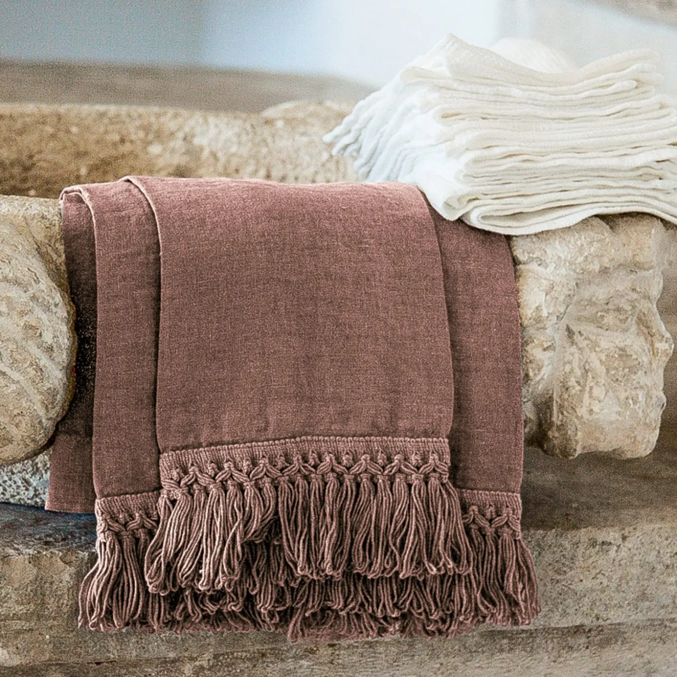 Vintage Pink Towel Set with Long Fringe