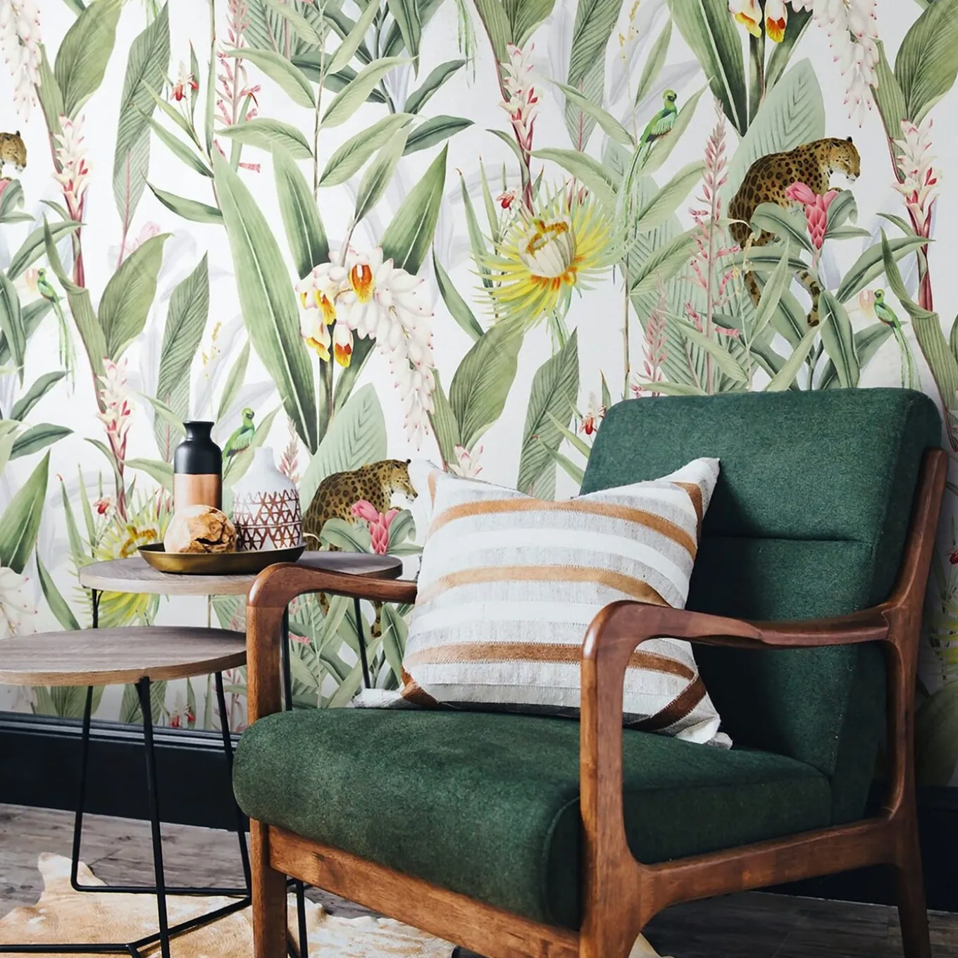 Vintage Tropical Forest with Jaguars and Parrots Wallpaper