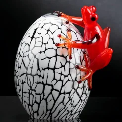 White Crackled Glass Egg with Red Gecko