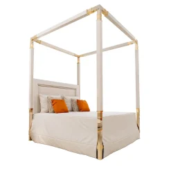 White Leather & Golden Bronze Double Canopy Bed