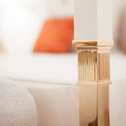 White Leather & Golden Bronze Double Canopy Bed