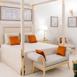 White Leather & Golden Bronze Double Canopy Bed