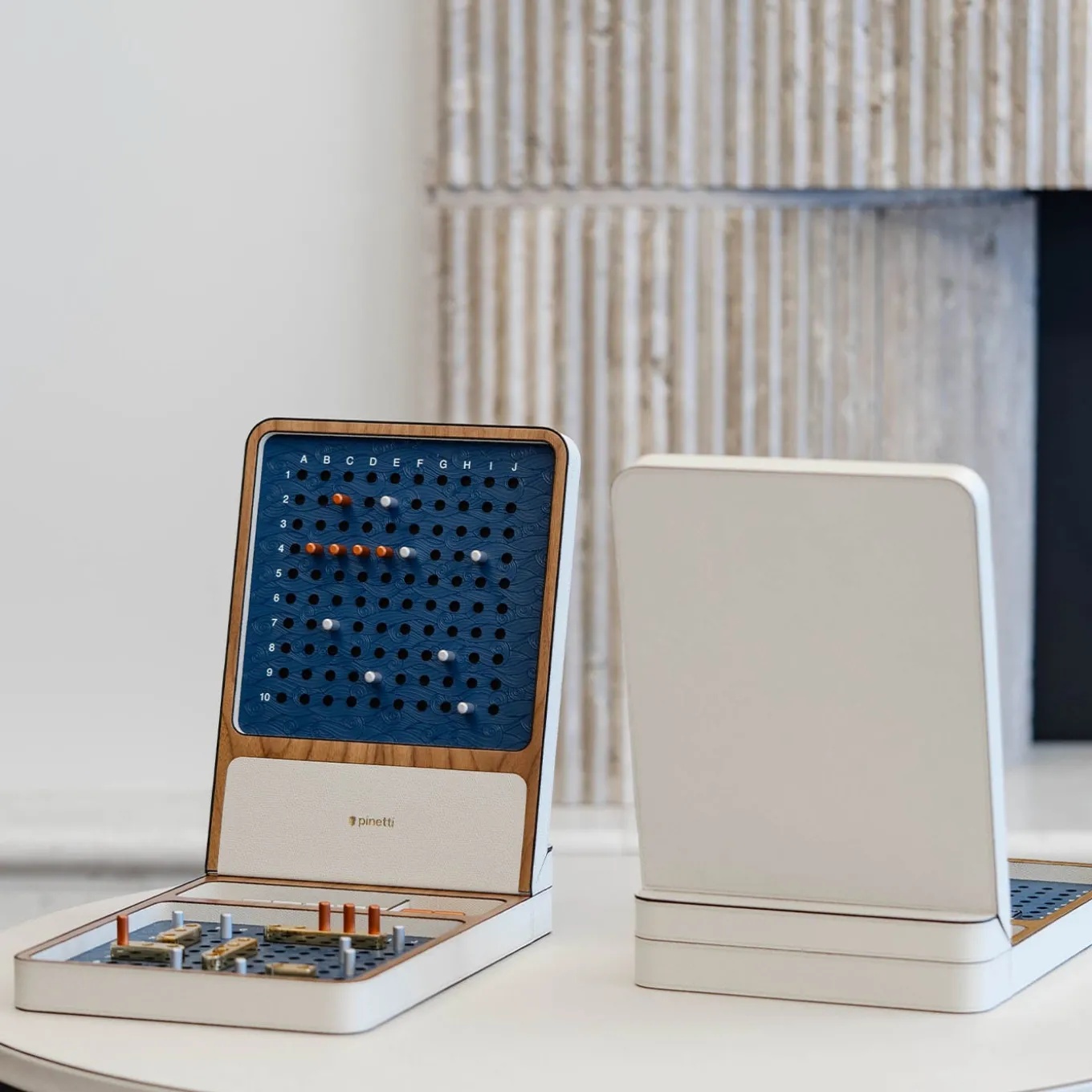 White Leather Box With Brass Finish Battleship Game Set