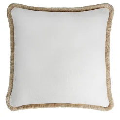 White With Beige Fringes Happy Linen Cushion