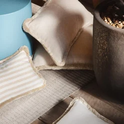 White With Beige Fringes Happy Linen Cushion