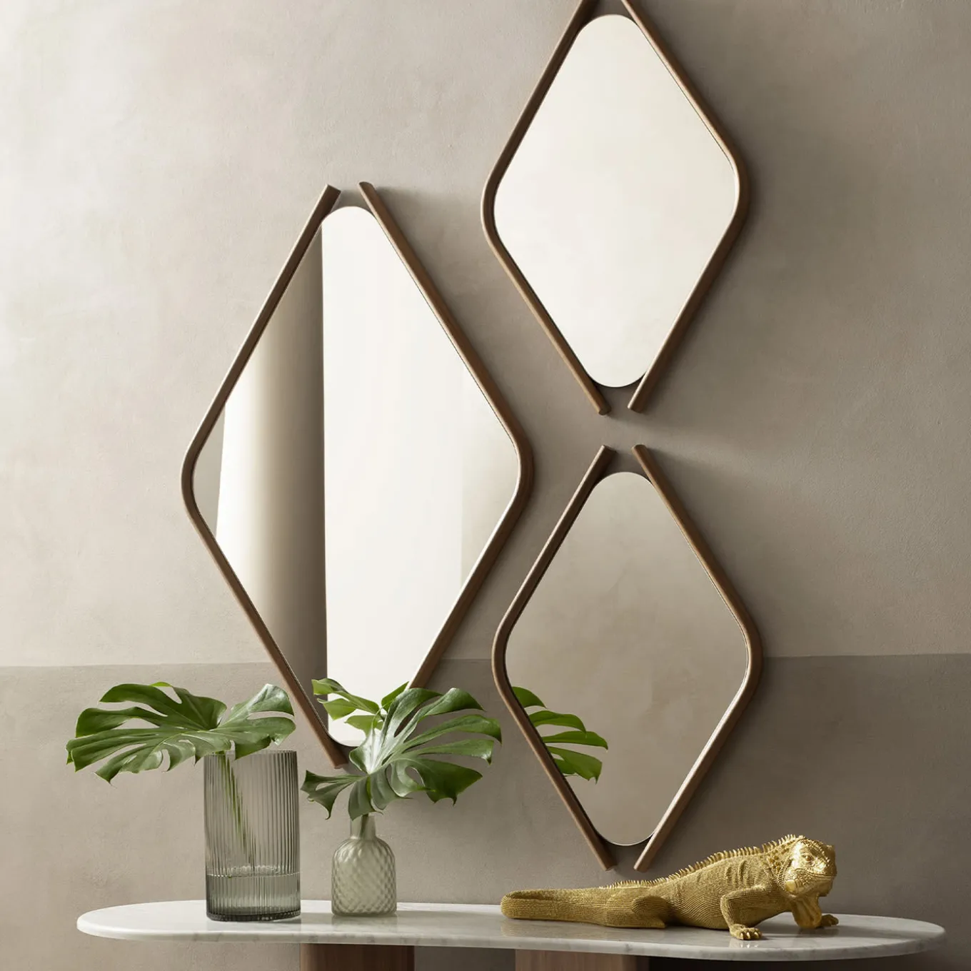 Wood Eye Bis Pair of Mirrors with Solid Walnut Wood Frame