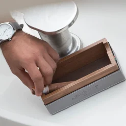 Wooden and Steel Ashtray with Gray Eco-Leather Inserts