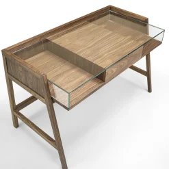 Writing solid walnut wood Desk with glass Top