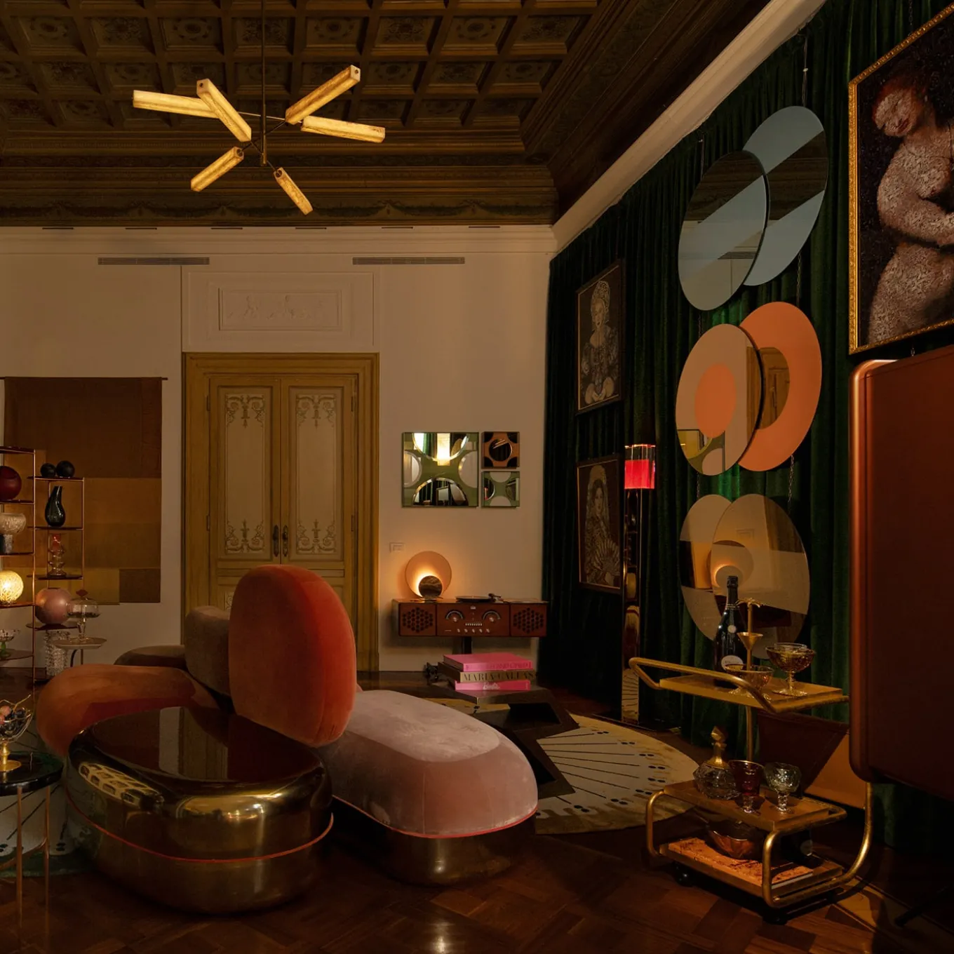 Zenzero Gold Leaf Wheeled Bar Cart by Sameer Alameen